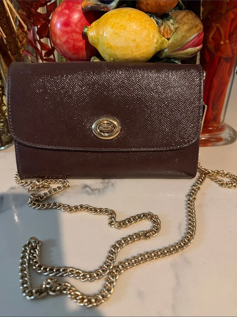 Coach Dark Brown Crossbody Wallet with Gold Chain Open to Offers!